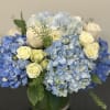 A beautiful arrangement of blue hydrangea and white roses 