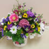 spring arrangement in a pansy ceramic container 