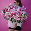 Chantelle is a box of white hydrangea, roses and other flowers. Their