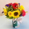 Sunflowers, red gerberra daisies along with touches of purple status and mixed
