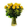 12 beautiful yellow roses arranged in a glass vase with yellow Filler