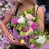 Andrea is a charming bouquet of chamomiles and peach garden roses, ideal