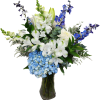 Designed with hydrangeas, fuji&#039;s alstroemeria, delphinium, snapdragons, and assorted greenery.