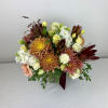 Pastel corals/yellows paired with burgundy and white flowers