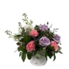 A serene scene of white stock, pink carnations, and lavender roses accented