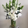 CLEAR CYLINDER VASE WITH LILIES, ROSE GLADIOLAS , HYDRENZIA