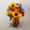 VASE ARRANGEMENT WITH SUNFLOWER, IRIS, ROSES, POMPOM, CARNATIONS






