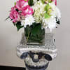 SQUARE VASE WITH ROSEES,CYMBIDIUM ORCHIDS,HYDRANGEAS, POMPOM