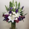 10&quot; CYLINDER VASE WITH LILIES, ROSE, GLADIOLAS, STOCK, SNAPETC