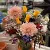 Cafe au Latte Dahlia and yellow roses make this beauty pop! This