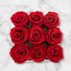 This elegant arrangement features nine vibrant, preserved red roses, artfully arranged in