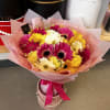 Bouquet with 25 gerberas, in seasonal colors, carnations, and finally decorated with