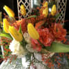 yellow tulips, orange roses, white carnations