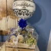 Basket included flowers, fruits, wine and cheeses