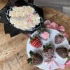 6 fresh delicious chocolate strawberries and fresh nice bouquet of 25 roses.