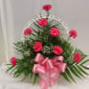 Cemetery Basket arrangement of 9 carnations, assorted greens and baby&#039;s breath, done