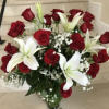 24 Roses in Red and White Lilies arranged with greens in a