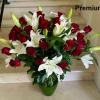 24 Roses in Red and White Lilies arranged with greens in a