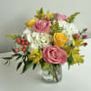 White Hydrangea, Pink and Yellow Roses, Pink Hypericum Berries, Yellow Alstromeria, Solidago