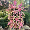 Pink roses, lilies, and more come together for a blushing pink standing
