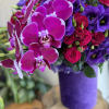 Gorgeous box with hot pink orchids ,purple hydrangea and garden roses!