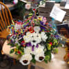 White Carnations, Green Buttons, Mini Red Carnations, Solidago,  Purple Statice, Purple