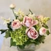 Soft, sweet, subtle. Pink roses, white Hyacinths, pink ranunculus, and mini green