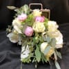 Hand crafted pearls and rhinestone accessories, on a painted bamboo purse. Unique.