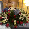 Red, white and blue casket