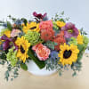 This arrangement includes sunflowers, green hydrangeas, pincushions, free spirit roses, burgundy hellebore
