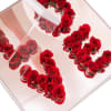 Pink acrylic display box with fresh red roses spelling love 