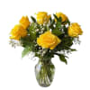 Six vibrant roses with baby breathe, greenery on a glass vase perfect
