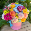 Fresh hand-crafted mixed flower bouquet in a pink hatbox. Hatboxes are 9