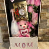 Delux white box with wine, teddy bear, chocolates, flowers and glass just