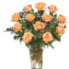 Dozen orange roses vased with greenery and filler.