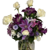 These White Roses team up with purple Alstroemeria, Clematis and other added