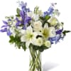 Our Calming Comfort Bouquet is crafted with iris, lilies, stock and delphinium.