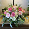 White hydrangeas, and one dozen pink roses with greenery and filler