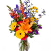Vibrant flowers in purples, yellows, oranges, pinks, and blues.   