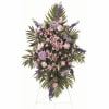 Standing Spray with lavender larkspur, stargazer lilies, pink roses, purple fuji mums