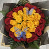 Stunning bouquet of 35 long stem yellow &amp; red roses, assorted greenery