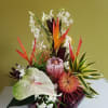 Mid size tropical arrangement featuring fresh Big Island protea and other tropicals.