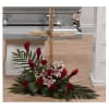 Cross Arrangement with bamboo stakes, red roses, stargazer lilies, Ginger, lotus pods