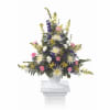 Pedestal Arrangement with yellow snapdragons, purple larkspur, pink carnations, white fuji mums