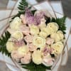 Lovely bouquet of 24 long stem white and pink roses with leather