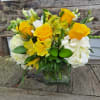 Yellows and whites arranged in a cube, yellow roses, alstromeria and white