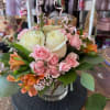 white roses, pink spray roses,orange alstromerias
