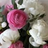 Lovely fresh cut white peonies and pink ranunculus accented with wispy eucalyptus