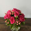 Enjoy this beautiful compact arrangement of hot pink roses with filler. 