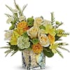 Yellow spray roses, yellow alstroemeria, green carnations, miniature yellow carnations and green